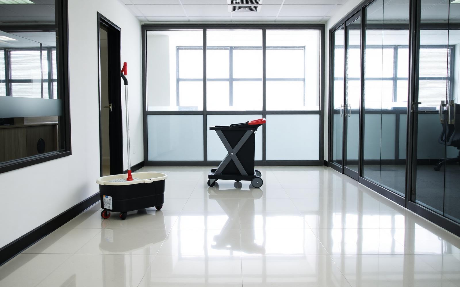 Illustrative photo of a cleaning cart and mop bucket in a small office suite with clean tile floors