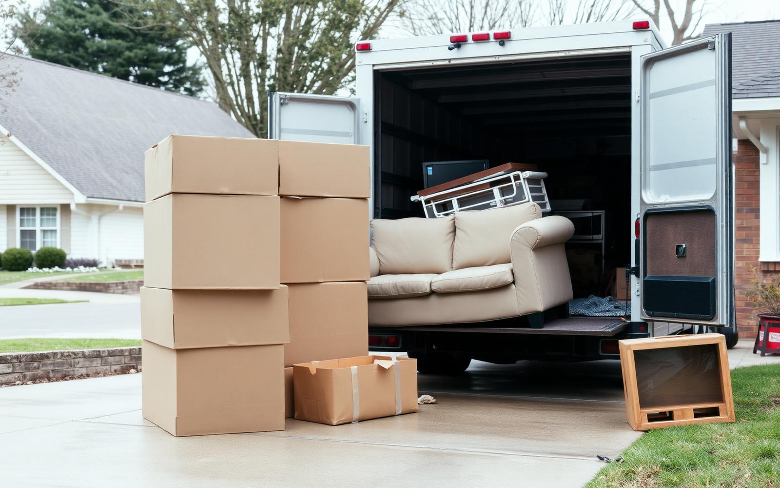 Illustrative photo of a residential cleanout with boxes and furniture loaded into a box truck