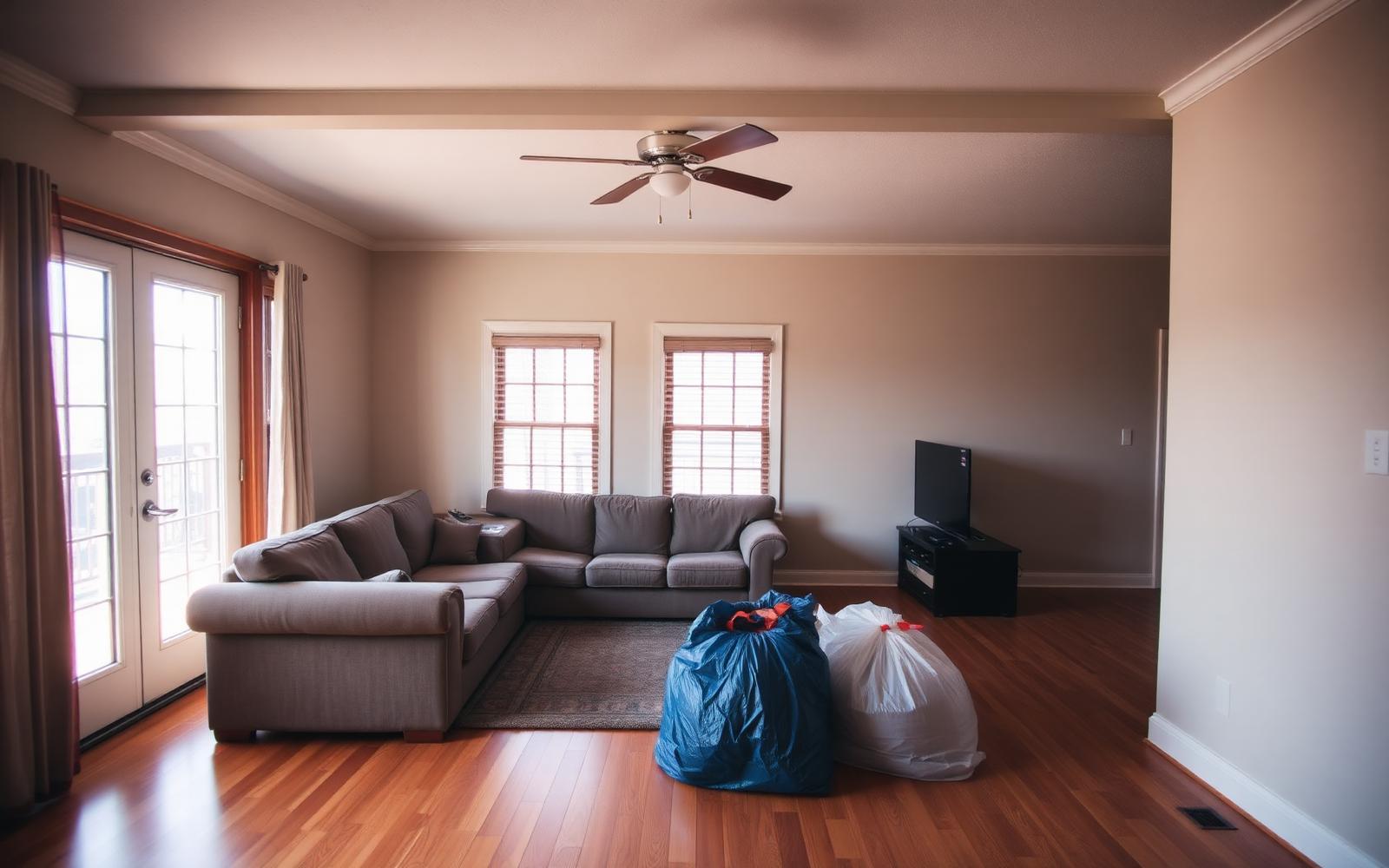 Illustrative photo of a rental home living room with leftover furniture and bagged trash before a move-out cleanout