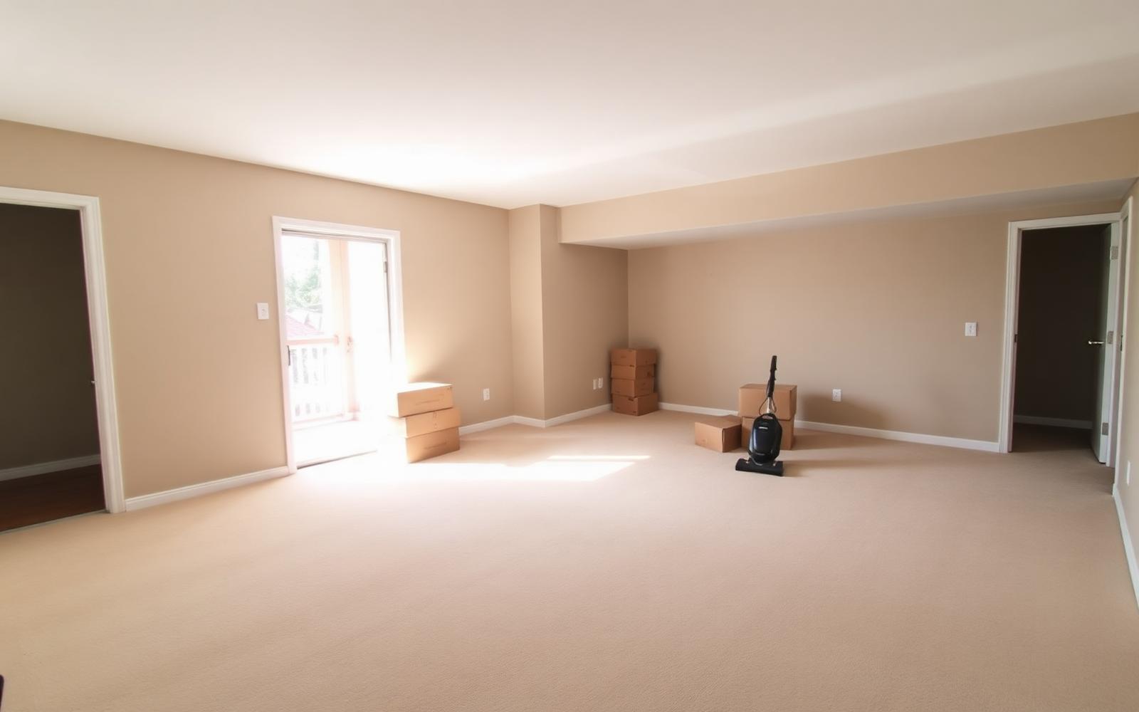 Illustrative photo of an empty apartment unit mid-turnover with bare floors and a few remaining boxes